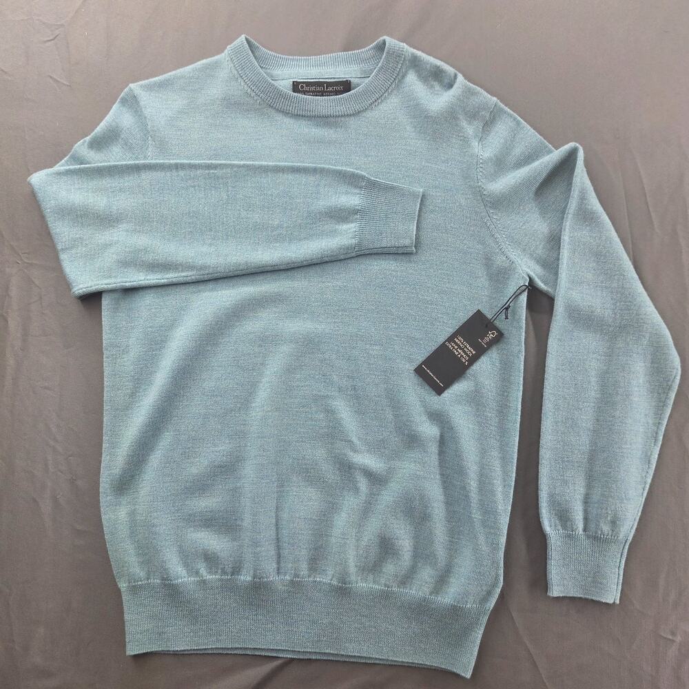NWT Christian Lacroix Extra Fine Merino Wool Sweater Mens Small Teal Crewneck - Picture 4 of 11